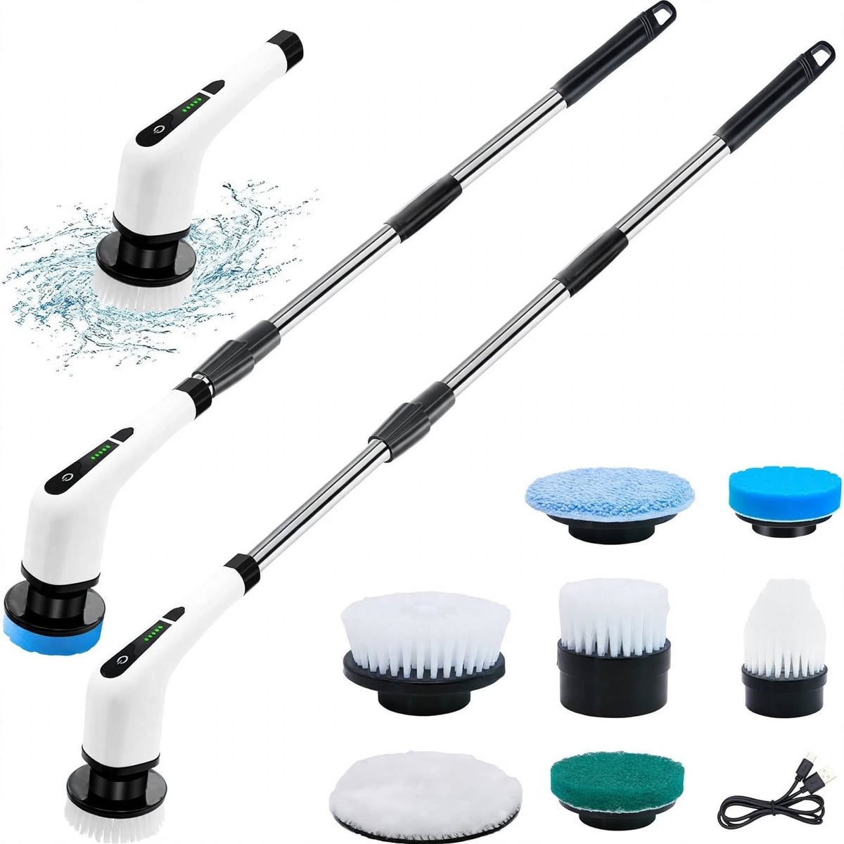 Electric Scrubber with Long extendable handle + 8 brush heads
