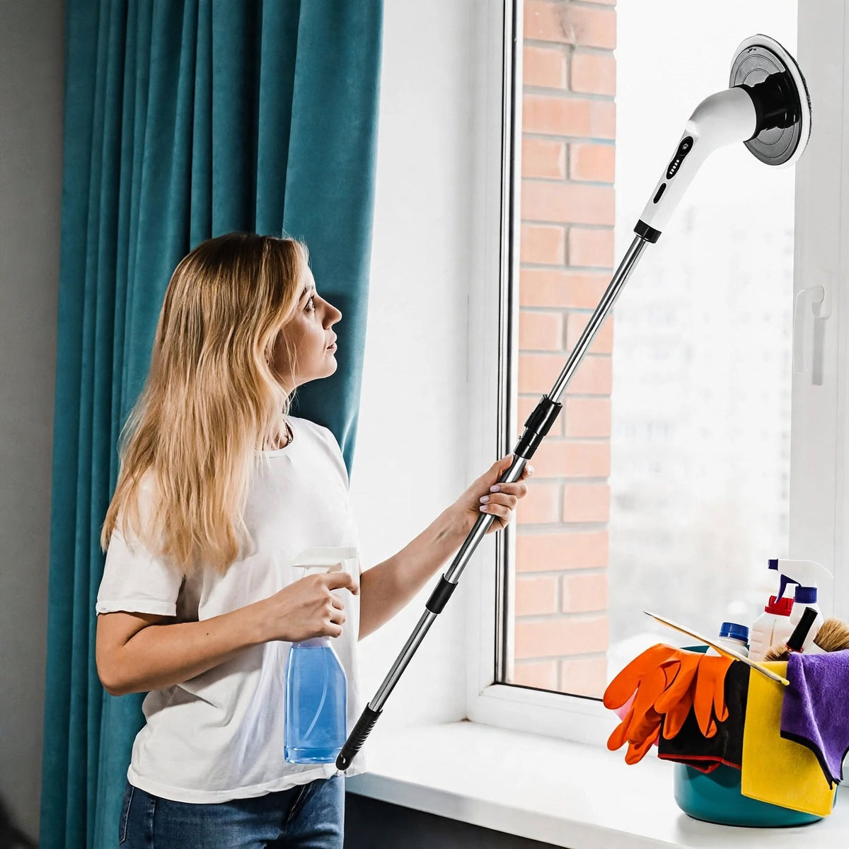 Electric Scrubber with Long extendable handle + 8 brush heads